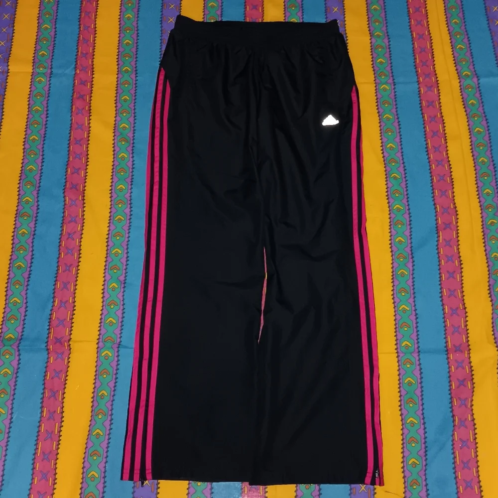 Y2K Adidas Black & Pink Stripe Vintage Nylon Pants Fitness Gym Training Workout - Picture 2 of 3